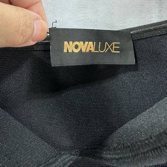 NovaLuxe Jacqueline Bandage Asymmetric Feather Lined Maxi Dress Black Medium - Picture 9 of 10